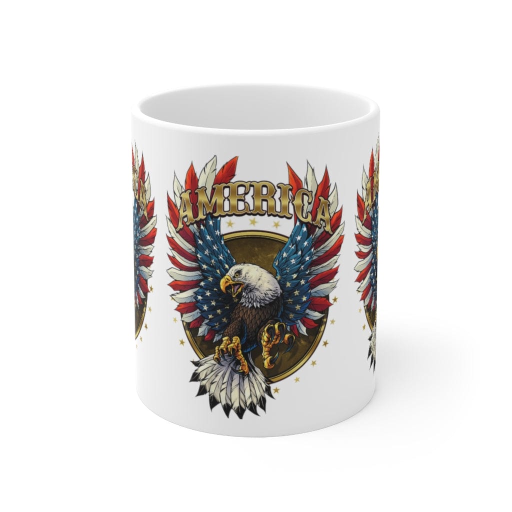 AMERICAN EAGLE "AMERICA" FLYING FLAG 11 OZ MUG  FIVE LAKES 80