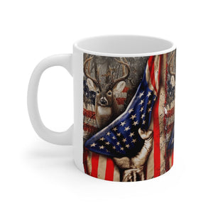 Printify Mug 11oz DEER WITH THE AMERICAN FLAG 11OZ MUG