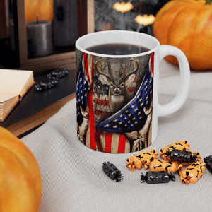 Printify Mug 11oz DEER WITH THE AMERICAN FLAG 11OZ MUG