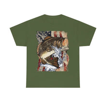 Load image into Gallery viewer, Printify T-Shirt Military Green / S JUMPING LARGEMOUTH BASS UNISEX HEAVY COTTON TEE