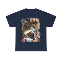 Load image into Gallery viewer, Printify T-Shirt Navy / S JUMPING LARGEMOUTH BASS UNISEX HEAVY COTTON TEE