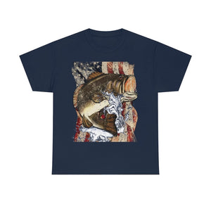 Printify T-Shirt Navy / S JUMPING LARGEMOUTH BASS UNISEX HEAVY COTTON TEE