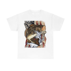 Printify T-Shirt White / S JUMPING LARGEMOUTH BASS UNISEX HEAVY COTTON TEE